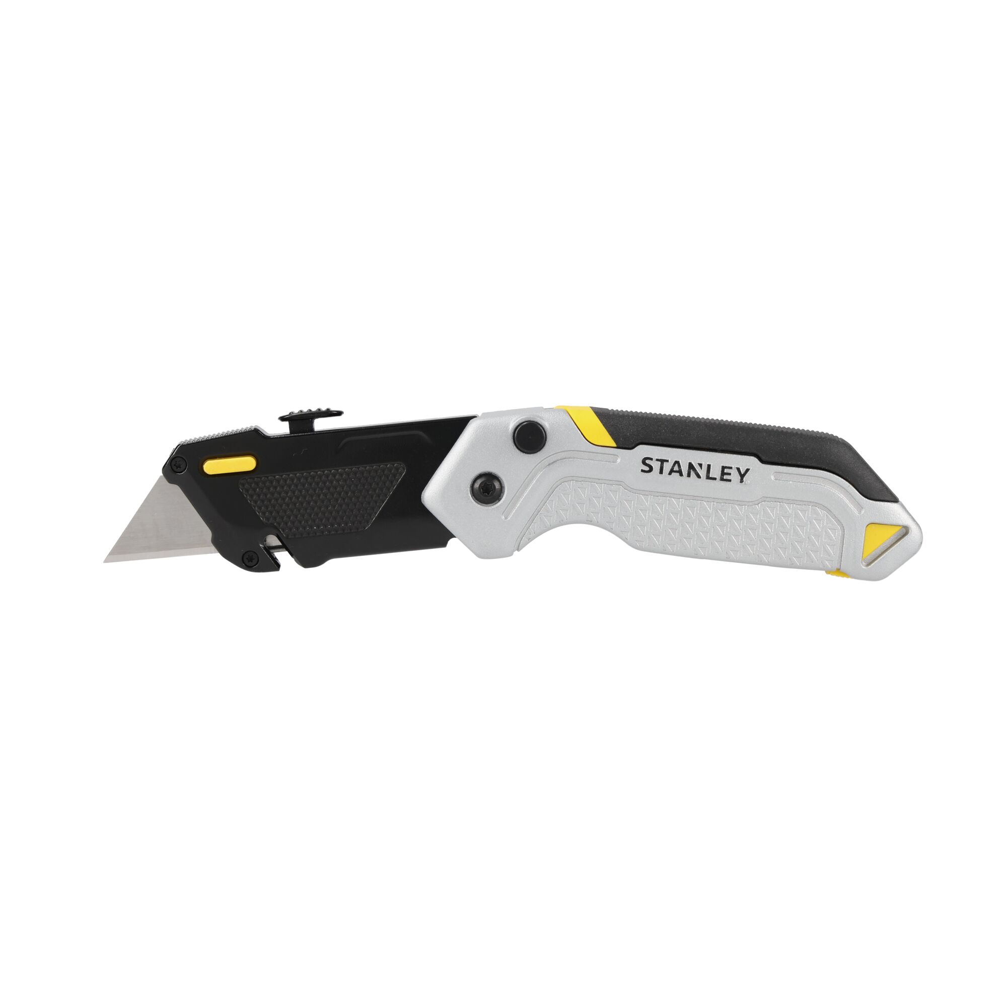 STANLEY FMHT10621-0 couteau utilitaire pliant, noir et argent avec des accents jaunes, vue latérale sur fond blanc.